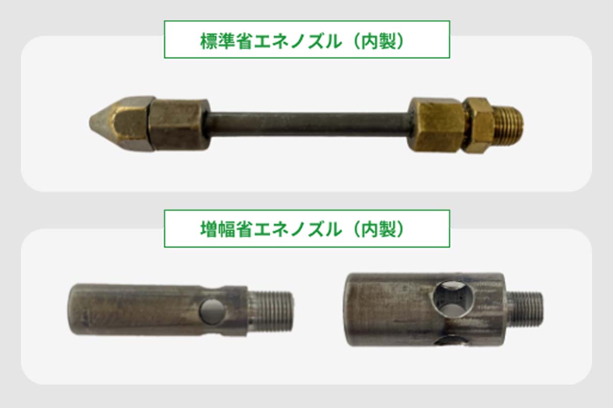 自社製作のエアーノズル（エアー流量低減）